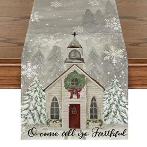 Artoid Mode Church Xmas Trees Snowflakes Merry Christmas Table Runner, Bow Tie Kitchen Dining Table Decoration for Outdoor Home Party 13×72 Inch