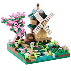 Architecture River Windmill Sakura Tree Plants Set Building Bricks Toy Trees Flowers for Girls, a Creative DIY Cherry Blossom Micro Block Model Kit Gift for Kids and Adults (600 pcs with 2 Figure)