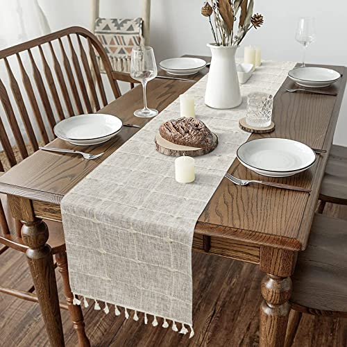Armindou Boho Table Runners 60 inches Long, Modern Farmhouse Cotton Linen Tassel Table Runners, Geometric Trellis Embroidery Table Runner for Kitchen small square Dining Table Decor (14×60 inch , Tan) | The Storepaperoomates Retail Market - Fast Affordable Shopping