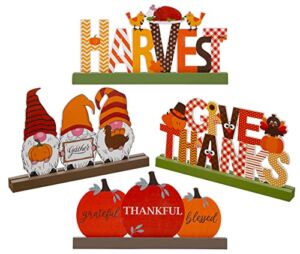 DAZONGE Thanksgiving Table Decorations, Set of 4 Thanksgiving Fall Centerpieces for Tables, Wood Give Thanks Gnome Harvest Pumpkin Table Decor Signs for Home Office Thanksgiving Decorations