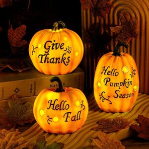 Fovths 3 Pack Fall LED Yellow Pumpkin Tabletop Decor Pumpkin Light Resin Table Centerpieces for Fall Thanksgiving Harvest Home Party Table Decorations