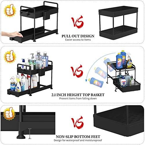 SOYO Pull Out Under Sink Organizers and Storage 2 Pack, 2 Tier Sliding Cabinet Basket Drawer for Bathroom Kitchen Home Organization, Undersink Shelf with Hooks, Handles, Hanging Cups, Black | The Storepaperoomates Retail Market - Fast Affordable Shopping