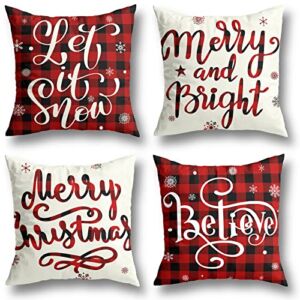 Christmas Decorations Christmas Pillow Covers 18×18 Inches Set of 4 Farmhouse Buffalo Plaid Black and Red Throw Pillow Case Winter Holiday Christmas Decor Home Sofa Couch Cushion Indoor Decorations