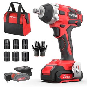 Populo 20V Cordless Impact Wrench, ½” Chuck Power Impact Wrenches, 2389 in-lbs Torque and 0-3,000 Impact, 6 pcs Drive Impact Sockets, 2.0Ah Li-ion Battery, Fast Charger, Gloves and Tool Bag Included.