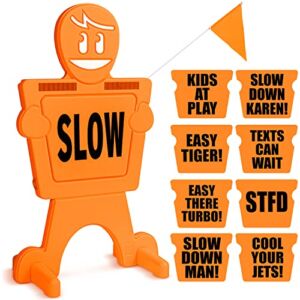 GoSports SlowDownMan! Street Safety Sign – 3 ft High Visibility Kids at Play Signage for Neighborhoods with 9 Decal Options and Flag