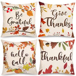 Thanksgiving Pillow Covers 18×18, Fall Decor Linen Cushion Covers Autumn Leaves Decorations Throw Fall Pillow Covers Outdoor Decorative Pillow Covers for Farmhouse Couch, Bed, Sofa Pillow Cases