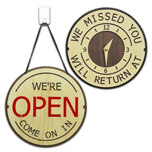 LOKAUS Happy Smiley Face Design for Open and Closed Signage, Wooden “Come On In” and Changeable Hours for “Will Return At” Signage, 9 inches Round Double Sided Hours of Operation Signage.