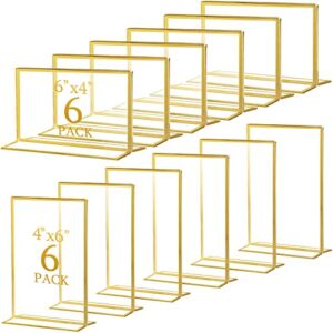 12 Pack Gold Frames Acrylic Sign Holder Double Sided Table Numbers Holders with Gold Border Acrylic Stand Desktop Display Menu Business and Store Sign Holders, Horizontal and Vertical(4 x 6 Inch)