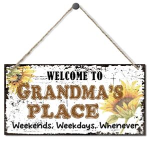 Vintage Style Sign, Welcome to Grandma’s Place Weekends, Weekdays, Whenever Decorative, Hanging Wood Sign Home Decorative, Printed Wood Wall Art Sign, Sunflower Sign Gift for Grandma 12×6 in