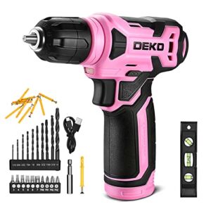 DEKO 8V Cordless Drill, Drill Set with 3/8″Keyless Chuck, 42pcs Acessories, Built-in LED, Type-C Charge Cable, Pink Power Drill for Drilling and Tightening/Loosening Screws