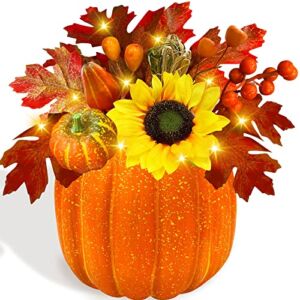 10 Inch Prelit Pumpkin Decor Thanksgiving Decorations Dual Color 10 LED 7 Maple Leaves 3 Styles Artificial Pumpkin Sunflower Battery Operated Autumn Fall Decorations for Home Table Indoor