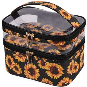 OXDJDSS Makeup Bag Double Layer Large Cosmetic Case Travel Make up Organizer Pouch Toiletry Bag Makeup Brush Bag for Women Girls (Sunflower)