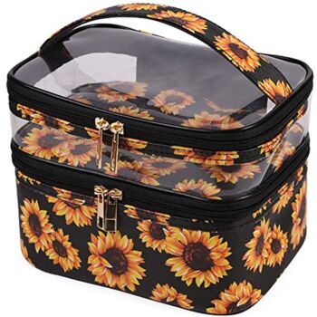 OXDJDSS Makeup Bag Double Layer Large Cosmetic Case Travel Make up Organizer Pouch Toiletry Bag Makeup Brush Bag for Women Girls (Sunflower) | The Storepaperoomates Retail Market - Fast Affordable Shopping