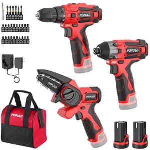 12V Cordless Power Tool Combo Kits, 3-1/2″ Brushless Electric Mini Chainsaw, 3/8″ Power Drill Driver, 1/4″ Impact Driver Set with 2Pcs 2.0Ah Lithium Batteries for Household Projects and DIY (3-Tool)