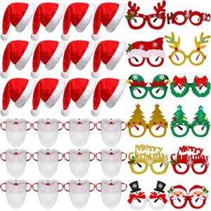 36 Pcs Christmas Santa Beard Face Mask Red Santa Hats Christmas Glasses Frame Costume Set for Men Women Christmas Cosplay New Year Holiday Party Decorations Supplies