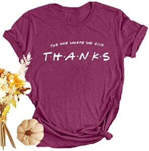 Women Thanksgiving T Shirt Thankful Shirts Thanks Letter Print Shirt Casual Holiday Short Sleeve Tops (Red, Large)