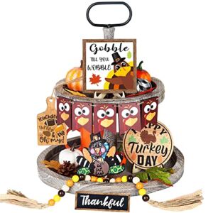 11Pcs Thanksgiving Turkey Tray Decor Fall Decorations Gobble Till You Wobble Thankful Wooden Signs and Thanksgiving Bead Garland Farmhouse Rustic Tiered Tray Decor for Home Table
