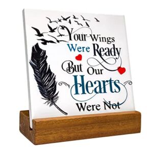 QiCHo Memorial Decorative Gift, Ceramic Sympathy Gift With Wooden Stand, Bereavement Condolence Gift, Loss Of A Loved One, Loss Of A Father, Loss Of A Mother Tabletop Remembrance Plaque