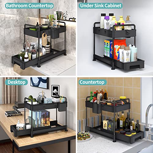 ZIZOTI 2 Pack Pull Out Under Sink Cabinet Organizer, Sliding Drawers 2 Tier Bathroom Storage Basket Organizer with Handles, Hooks, Hanging Cup, Dividers, Multi-use Kitchen Bath Office Organizer, Black | The Storepaperoomates Retail Market - Fast Affordable Shopping