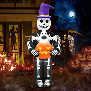 HOPOCO 8ft Height Halloween Inflatables Outdoor Decoration Skull with a Cute Pumpkin Ghost, Blow Up Yard Decoration Clearance with LED Lights, Fun Holiday Outdoor Yard Decoration Blow Up Pumpkin Ghost