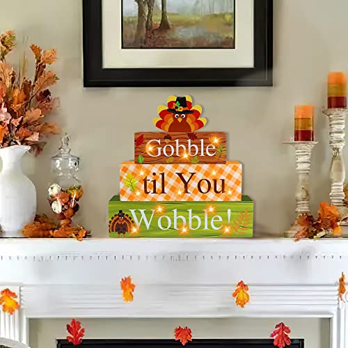 Thanksgiving Wooden Block Sign with Led Lights- Gobble til You Wobble Turkey Light up Wood Sign for Table Mantle- Thanksgiving Farmhouse Home Battery Operated Wooden Sign Tabletop Tiered Tray Decor | The Storepaperoomates Retail Market - Fast Affordable Shopping