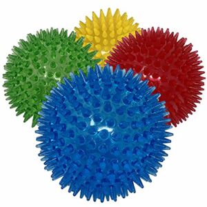 3.5” Spikey Dog Balls (4 Pack) Squeaky Dog Toys | Cleans Teeth for Healthier Gums | Non-Toxic BPA-Free Dog Toys for Aggressive Chewers | Spikey Balls in Red, Blue, Yellow, and Green | Dipperdap