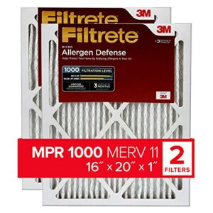 Filtrete 16x20x1, AC Furnace Air Filter MPR 1000 MERV 11, Allergen Defense, 2-Pack (exact dimensions 15.719 x 19.719 x 0.84)
