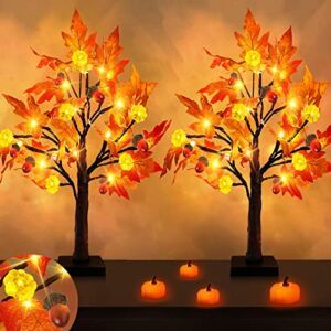 [ Timer ] 2 Pack 22 Inch Prelit Lighted Maple Tree Thanksgiving Decorations Orange Red Maple Tree 48 LEDs Battery Operated 12 Exclusive Patent Pumpkins 12 Acorns Fall Tree Halloween Indoor Home