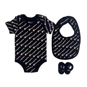 Champion Baby Print Infant 3-pc Box Includes a Body Suit, a Bib OR Hat and Pair of Booties in Multiple Colors, All Over Script-Black 001, 0-6 Months