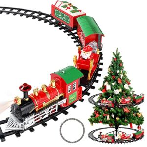Train Set – Christmas Train Set Around & Under The Tree, Electric Train Set with Light & Sound, Battery Operated Kids Train Toys with Locomotive Engine Cars Tracks, Gift for Boys Girls