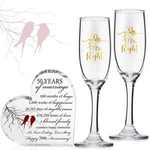 3 Pcs 50th Anniversary Wedding Gifts 50 Year Anniversary Acrylic Crystal Heart with Champagne Flutes 6 oz Wine Glasses Marriage Keepsake 50 Anniversary Presents for Couple Friends Parents Wife Her