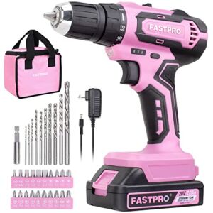FASTPRO Pink Drill Set—20V Max Lithium-ion Cordless Drill Driver Set, 3/8 in. Drill Driver kit with One 2.0 Ah Batteries, Charger and Tool Bag