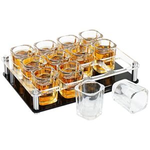 12 Shot Glasses with Acrylic Holder, 2 oz Square Heavy Base Shot Glass Set for Tequila, Liqueurs, Clear Shot Server Tray for Bar, Family Gathering, Party, Collection, Ideal Gift for Drinking Lovers