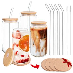 Drinking Glass Cups with Bamboo Lids and Glass Straws,Clear Beer Glasses,Iced Coffee Cups,16oz Can Shaped Glass Cups,Ideal for Smoothie Milk Juice Soda Gift 4pcs Cups Set Free Coasters and 2 Brushes