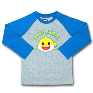 Nickelodeon Baby Shark Boy’s Pullover Graphic Tee with Raglan Long Sleeves, Blue/Grey, Size 2T