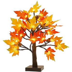 Cllayees Thanksgiving Fall Artificial Maple Tree with 24 LED Lights and Timer, 18″ Autumn Harvest Pumpkin Acorns Décor Tabletop for Indoor Home Office Wedding Party