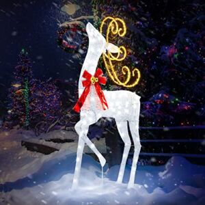 TOETOL Reindeer Christmas Outdoor Decorations 5ft 3D Lighted , Christmas Lawn Deer with 130 LED &228 SMD Lights – Outdoor Holiday Yard Garden Patio Decoration , Red Bow, Stakes & Zip Ties
