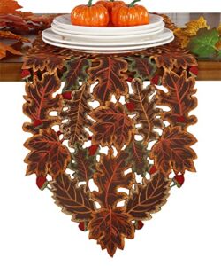 GRANDDECO Fall Thanksgiving Table Runner 13X54Inch with Cutwork Embroidered Maple Leaves, Autumn Harvest Table Decorations for Thanksgiving Party Holiday Dinner (Table Runner 13X54(33X137cm), Green)