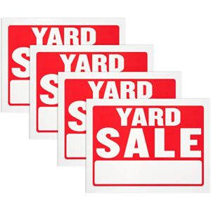 Yard Sale Sign – Waterproof Flexible Plastic, Red and White, 9 x 12 Inches, Heavy Duty Tags for Car Sales, Garage, Advertising Signage (Pack of 4) – By Hespex