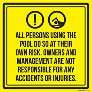 Wall Signs Liability All Persons Using The Swimming Pool Do So At Their Own Risk. Spa Warning Sign Metal 12×12 Hotel Decorative Safety Hot Multi Chemicals Large Tub Person Accidents Aigns Management