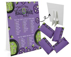 Halloween Games – What’s Your Halloween Name, 1 Game Sign + 50 Writing Name Tags Stickers, Halloween Party Game and Activity for Kids Adult Halloween Baby Shower Games WSJ02