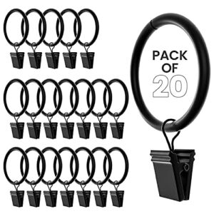 Curtain Rings with Clips 1.5 Inch Set of 20 Heavy Duty Curtain Hooks for Drapes, Caps, Pictures – Rustproof & Decorative Black Curtain Rings for Bathroom, Living and Guest Room