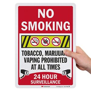 SmartSign “No Smoking – Tobacco, Marijuana Vaping Prohibited, 24 Hour Surveillance” Sign | 10″ x 14″ 3M Engineer Grade Reflective Aluminum