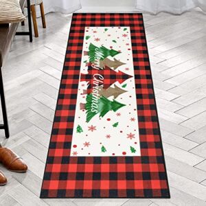 Pauwer Christmas Tree Hallway Runner Rug 2×6 Non Slip Washable Kitchen Area Rug Farmhouse Red Checkered Door Mat Entryway Rug Carpet Runner for Laundry Room Bedroom Christmas Holiday Decorations