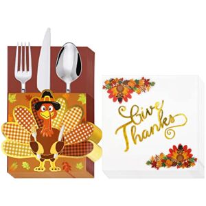 50 PCS Thanksgiving Napkins + 20 PCS Thanksgiving Utensil Cutlery Holders, Thanksgiving Table Decorations Gold Foil Thanksgiving Decor Thanksgiving Centerpieces for Tables Fall Party Friendsgiving