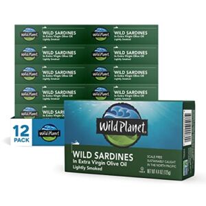 Wild Planet Wild Sardines in Extra Virgin Olive Oil, Lightly Smoked, Sustainably Caught, Non-GMO, Kosher, Gluten Free, 4.4. Ounce (Pack of 12)