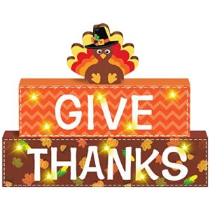 Thanksgiving Lighted Wooden Block Signs Decorations – Give Thanks Turkey Signs Battery Operated, Lighted Thanksgiving Decor for Home Indoor Table Mantle Tiered Tray Decor, Farmhouse Tabletop Decor