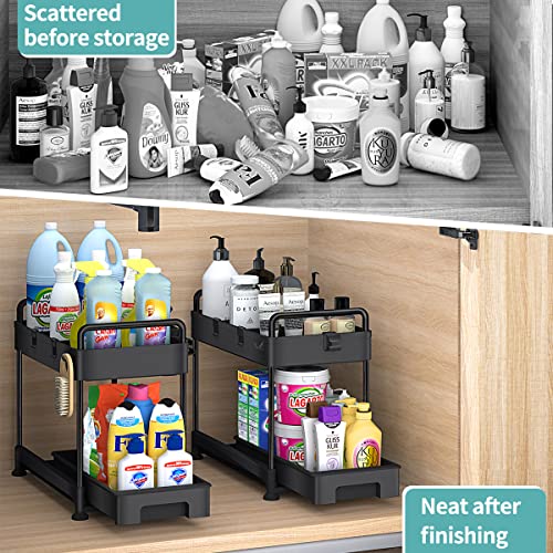 ZIZOTI 2 Pack Pull Out Under Sink Cabinet Organizer, Sliding Drawers 2 Tier Bathroom Storage Basket Organizer with Handles, Hooks, Hanging Cup, Dividers, Multi-use Kitchen Bath Office Organizer, Black | The Storepaperoomates Retail Market - Fast Affordable Shopping