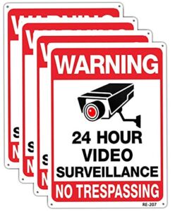 Warning Security Cameras in Use 24 Hour Video Surveillance Sign 10×14 Aluminum UV Ink Printed,Durable/Weatherproof Up to 7 Years Outdoor for House and Business (4-Pack)