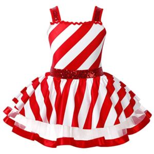 YiZYiF Kids Girls Christmas Candy Dance Costume Sleeveless Holiday Cutie Princess Tutu Leotard Dress Red Stripe 10-12 yr